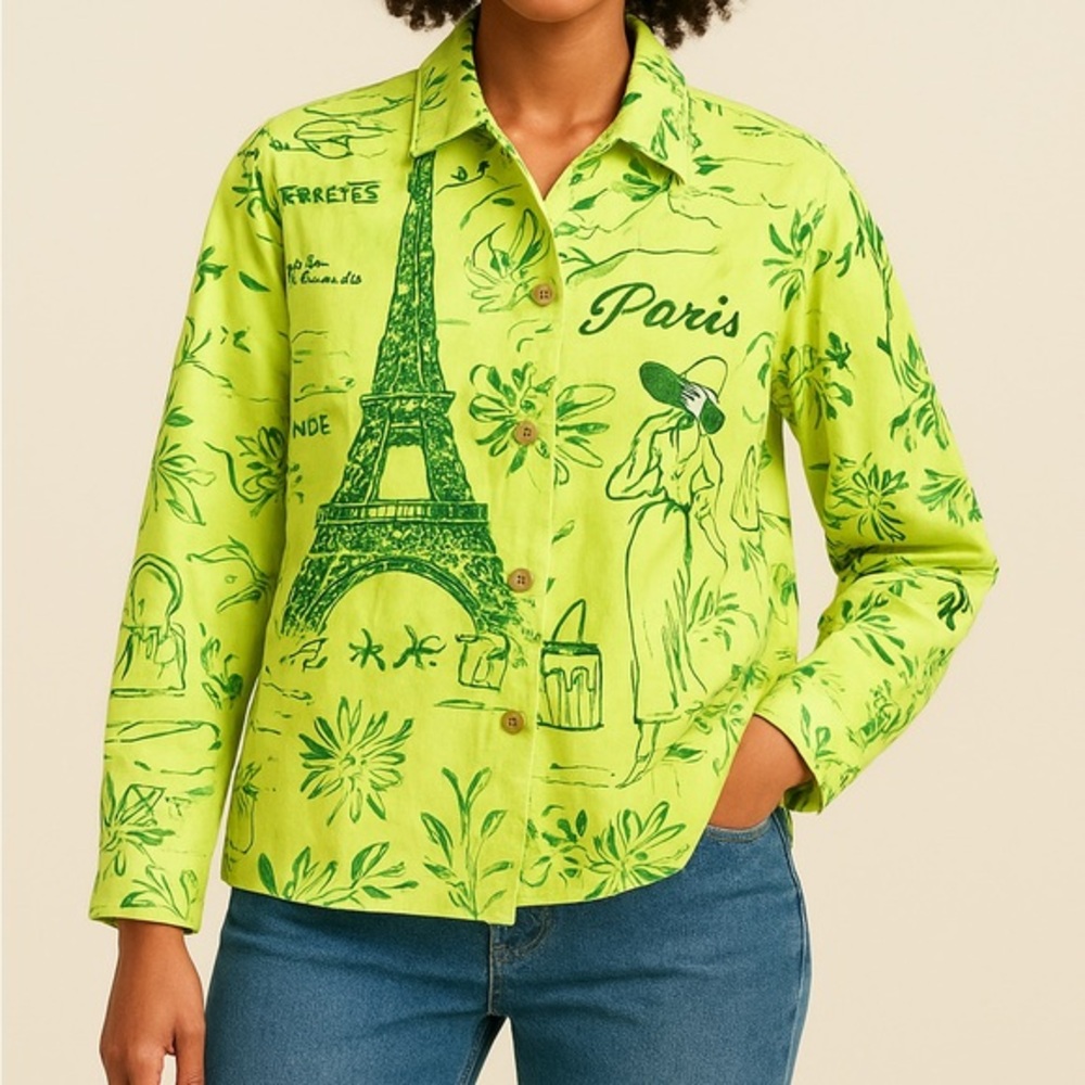 Jane Ashley Woman Lime Green Paris Themed  Cotton jacket, Sz. 1X